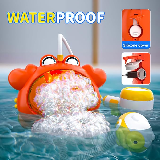 Red Crab Bath Toys for Kids 1-3 & Babies 6-12 Months, Baby Bath Shower Head, Rechargeable Light Up Bubble Machine with Music, Birthday for Toddler Girls Boys (Bathtub Use)