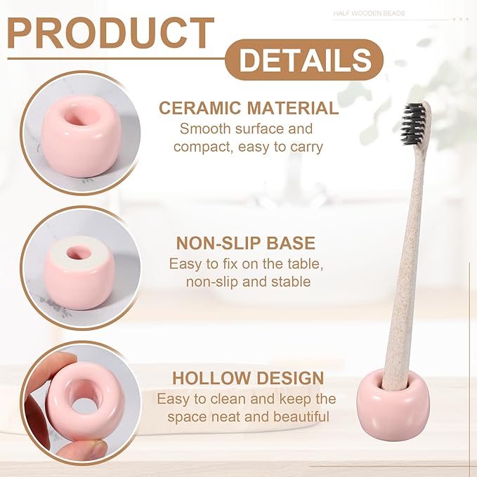 uxcell 2 Pcs Mini Ceramics Toothbrush Holder Stands, Sleek Mini Countertop Toothbrush Round Shape Ceramic Holder Stand for Bathroom Vanity Countertops, Pink
