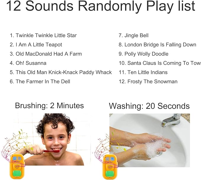 Musical Timer for Kids, Battery Powered 2 Minute Toothbrush Timer and 20 Seconds Bathroom Hand Wash Timers with LED Color Light, 3 Volume Options Musical Timers for Children Training Coach