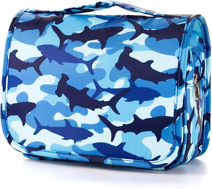 Kids Hanging Toiletry Bag for Boys, Travel Toiletry Bag for Little Young Boys Waterproof Wash Bag Toddler Traveling Toiletries, Shark Blue Camo