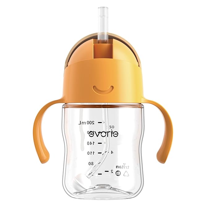 Evorie Tritan Weighted Straw Sippy Cup with Handles for Baby and Toddlers, Spill Proof Baby Water Bottle with Straw for 6 months and up, 7 Oz, Infant Training Water Bottle (Apricot)