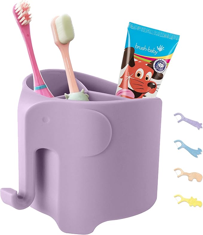 Kids Toothbrush Holder, Cute Elephant Toothbrush Holders for Toddler, Toothbrush Toothpaste Holder for Bathroom, Toothbrush Organizer with 3 Slots and a Hook, Light Purple