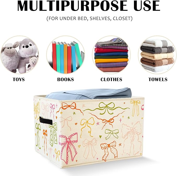 Preppy Bow Aesthetic Storage Basket Bin With Handles for Girls Kids, Preppy Bow Decor Foldable Organizer for Girls Room Nursery Bedroom Bathroom Clothes Toys Books