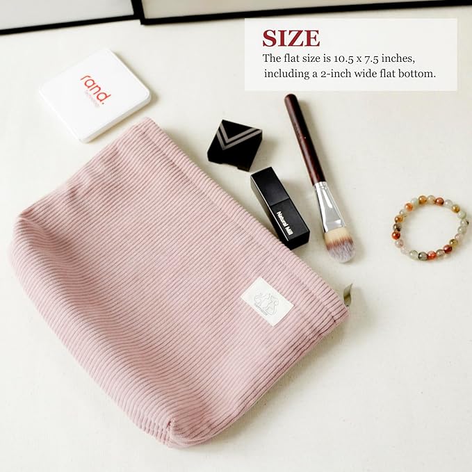HAPPYHEIDI Large Corduroy Makeup Bag Compartment Cosmetic Toiletry Travel Accessory Pouch Purse Organizer, Soft Creamy Pink