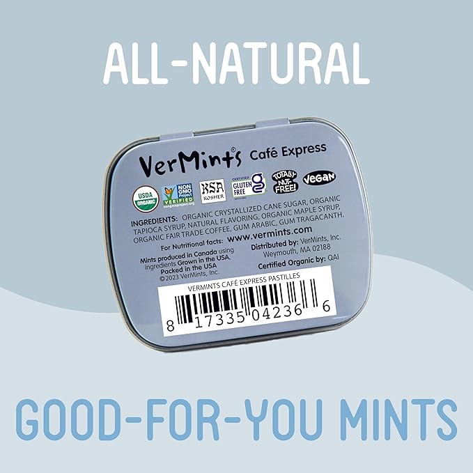 VerMints Organic Breath Mints Café Express - Real Ingredients, Lasting Coffee Flavor - Travel Size Tins - Non-GMO, Nut Free, Gluten Free, Vegan & Kosher Coffee Candy - .63oz/18g (Pack of 12)