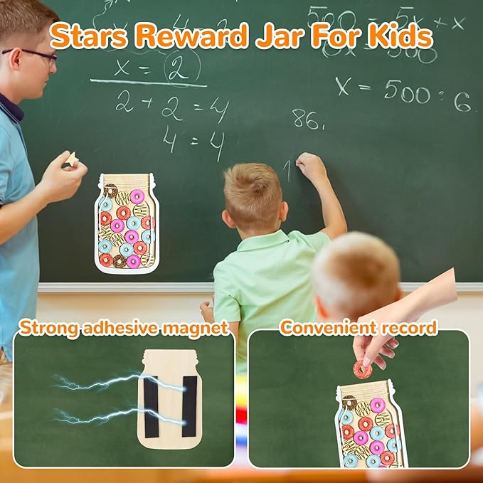 Reward Jar for Kids – Magnetic Wooden Behavior Chart and Incentive Jar with 25 Tokens, Stickers, Stand & Magnet – Positive Reinforcement Tool for Home, Toddlers or Classroom (Donut)