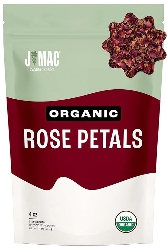 J MAC BOTANICALS, Organic Rose Petals (4 oz) Certified USDA Organic, edible, culinary grade dry rose petals, rose petals for herbal tea, cooking and crafts
