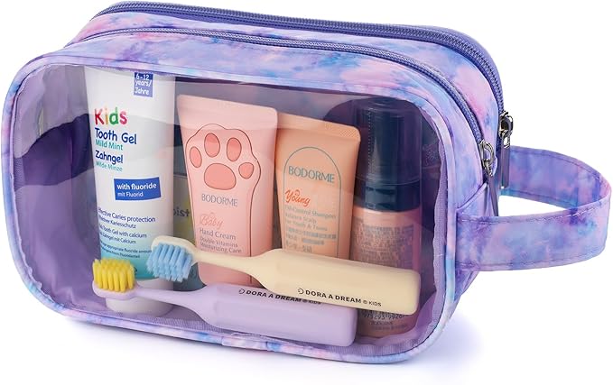 Kids Toiletry Bag for Girls, Travel Clear Toiletry Bag for Little Young Girls Cosmetic Bag Makeup Bag Waterproof Hanging Toddler Wash Bag, Purple Tie Dye