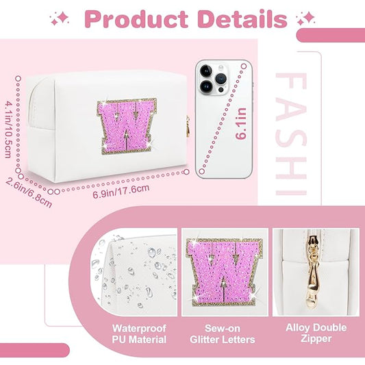 Small Initial Patch Makeup Bag Personalized Gifts Make Up Bag,White Cute PU Leather Glitter Letter Cosmetic Bag with Zipper,Trendy Portable Travel Toiletry Pouch,Preppy Stuff for Teen Girls Women W