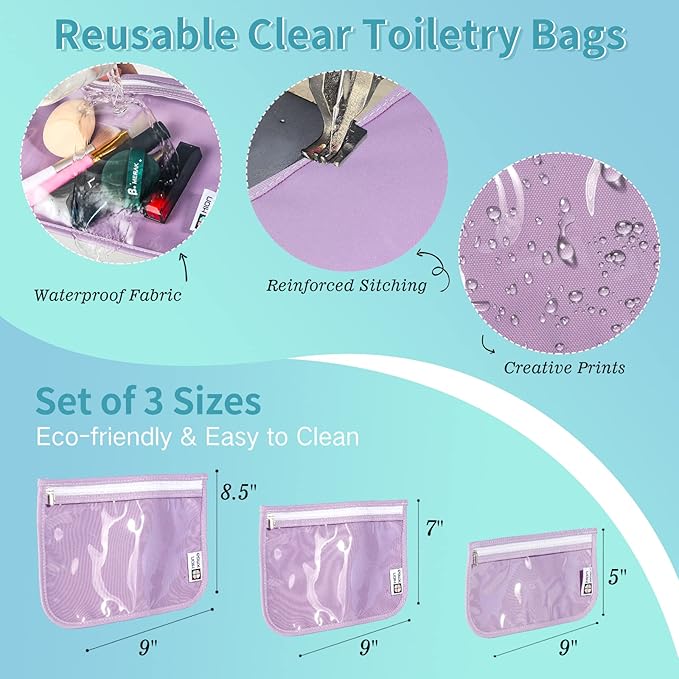 TSA Approved Toiletry Bag, Set of 3 Clear Travel Toiletry Bag Quart Size Zipper Travel Pouch, Waterproof Makeup Cosmetic Bag for Women Men Kids Toiletries Carry on, PurpleX