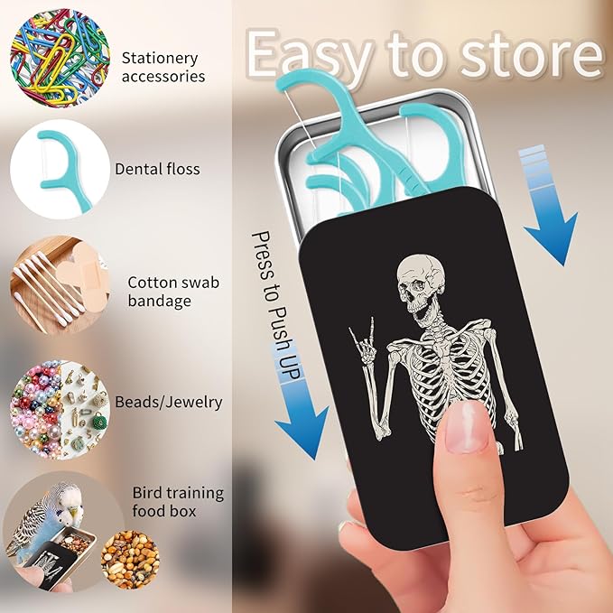 Portable Dental Floss Case, Refillable Cute Travel Floss Dispenser for Men & Women, Pocket Travel Floss Picks Case for Purse, Backpack, Bag Skull Human Skeleton