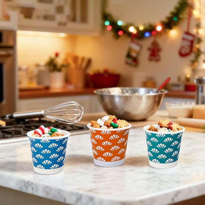 JollyPack 300 Pack 3 oz Disposable Bathroom Paper Cups, Small Mouthwash Cups in Orange, Blue, and Green, Great for Candy, Biscuits, Bathroom Use, Parties, Picnics, and Travel