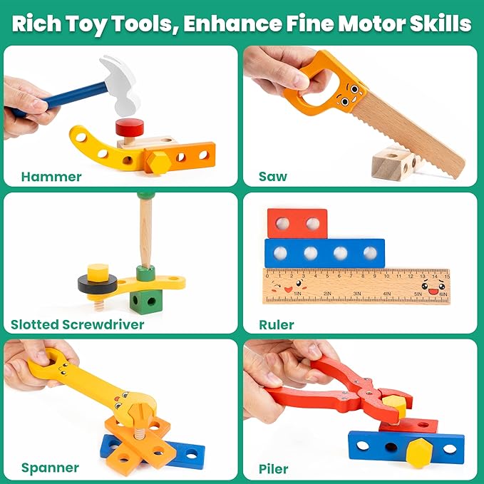 WOOOMAM Kids Tool Set, 90 PCS Wooden Toddler Tool Set with Box and Flash Cards, Tool Kit for Kids Age 3-5 Years, Toddler Boy Toys, FSC Certified Material