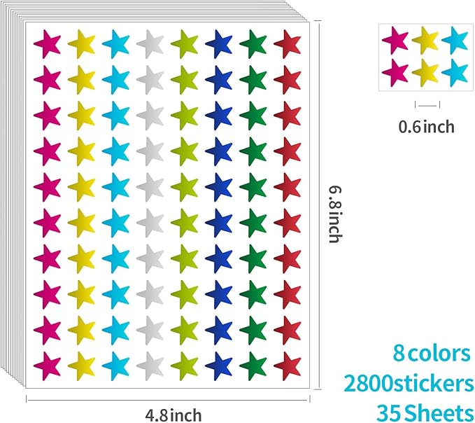 REGELETO 2800 Pack 0.6" Foil Star Stickers for Kids Reward, Foil Metallic Star Stickers for Incentive Chart,Student Planner and School Classroom Teacher Supplies or DIY (35 Sheets)