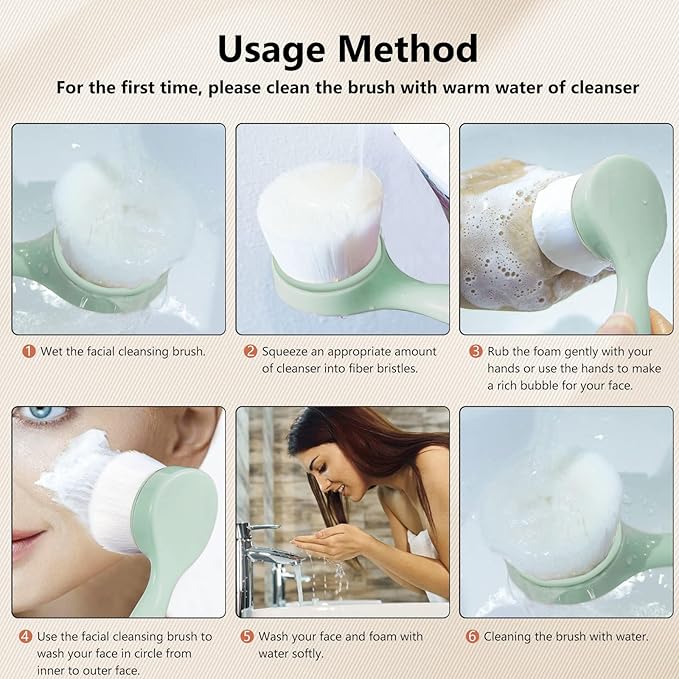2 Pack Soft Bristle Facial Cleansing Brush for Deep Pore Cleaning, Face Exfoliating Scrub Brush for Face Cleansing Skincare Massaging,Green