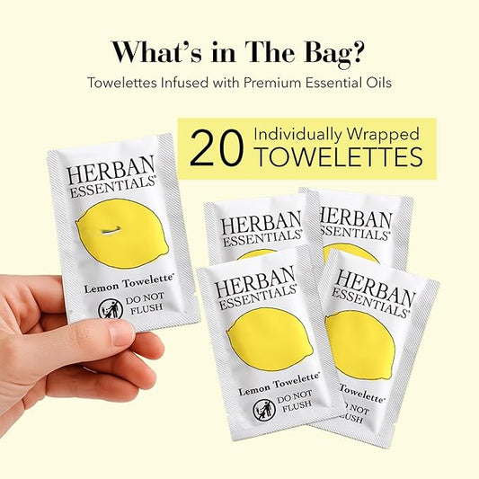Herban Essentials - Lemon Wipes & Towelettes - Essential Oil Wipes for Make Up, Hands, Face & Body - Travel Size Essentials & Toiletries - Natural, Individually Wrapped, Disposable & Moist (20 count)