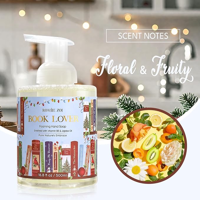 ROMIIE ZOI Christmas Foaming Hand Soap with Gift Box- Book Lover Design, Floral&Fruity Scented- Holiday Soap Gift for Bathroom Winter Home Decor, Stocking Stuffer- 500ml / 16.8oz