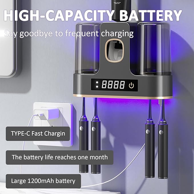 Toothbrush Holders for Bathrooms with Air-Drying, Toothbrush Sanitizer Holder with Smart Countdown LED Screen, 2 Cups Electric Toothbrush Holders Wall Mounted with Toothpaste Dispenser