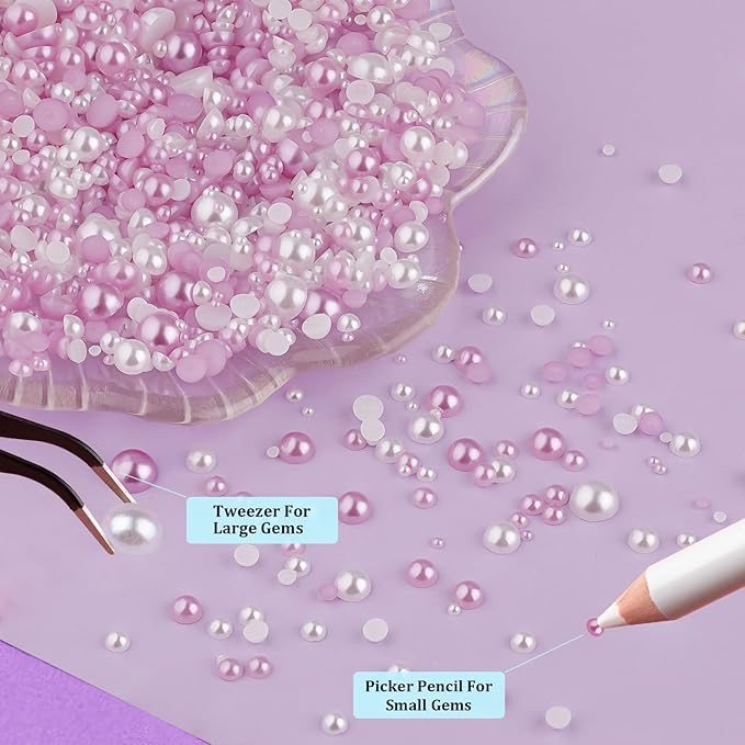 2 Boxes Flat Back Pearls Kit 2 Flatback White&Light Purple Half Round Pearls with Pencil and Tweezer 2-8mm for Face Makeup and Craft