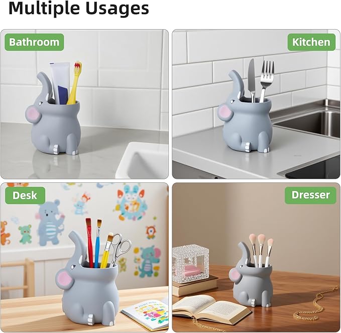 Kids Toothbrush Holder Toothbrush Organizer – Durable Silicone Animal Tooth Brush Holder – Easy to Clean Toothbrush and Toothpaste Holder – Toothbrush Holders for Bathrooms by Lily’s Home - Elephant