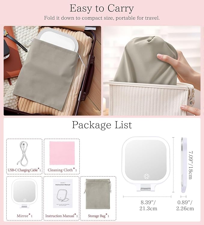 Shinowa Rechargeable Travel Makeup Mirror with 72 LED Lights, 1X/10X Magnifying Vanity Mirror with 3 Color Light, Folding Stand, 7 Inch Portable Dimmable Double Sided Compact Lighted Mirror, White