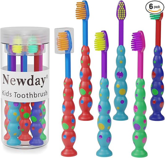 Newday Kids toothbrushes 6 Pack Set Soft Bristles Fun Lovely with Suction Cup, Includes Travel Covers, Animal toothbrushes for Kids Boys & Girls, Toddlers &Children Teeth Age 3+ (Multicolor)