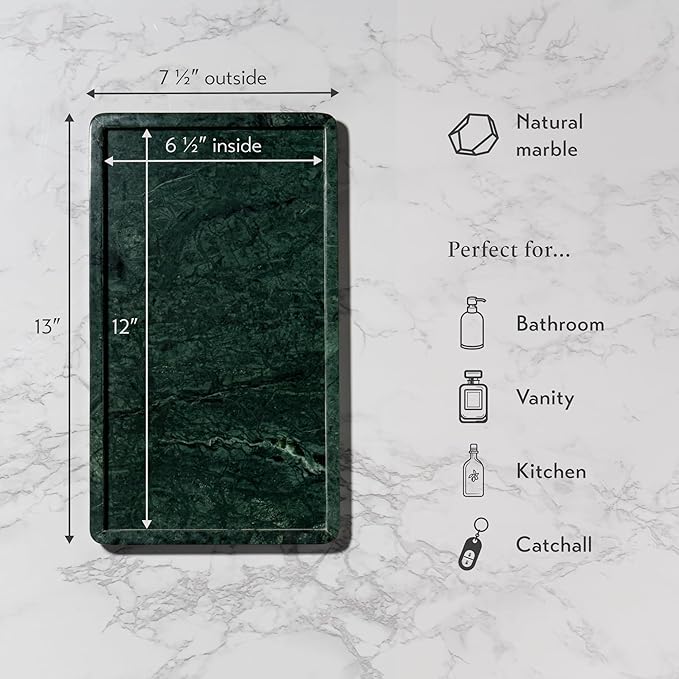 Cork & Mill Green Marble Tray for Bathroom Countertop, Kitchen Counter, or Catchall - 13" x 7½" Large Vanity Tray for Skincare or Perfume - Handcrafted Natural Marble Stone Organizer