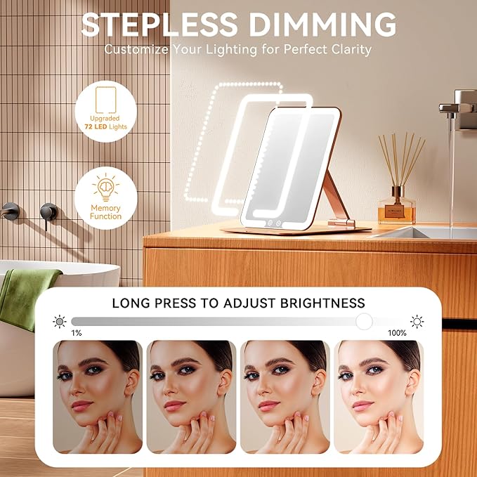 Auxmir Travel Makeup Mirror with Light, Portable Folding Lighted Travel Makeup Mirrot with 72 LEDs, Rechargeable Compact Vanity Mirror with 3 Dimmable Color Lights, Adjustable Stand, Rose Gold
