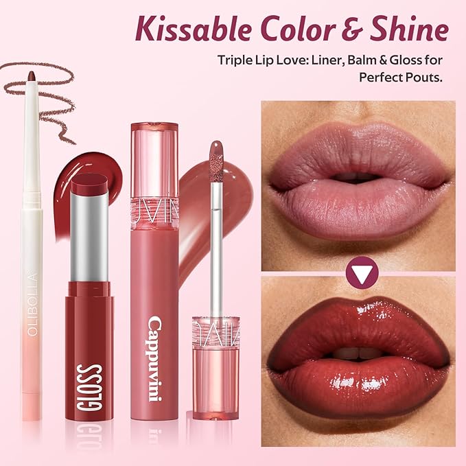 KIMUSE 3PCS Lip Combo Set - Matte Lip Liner Pencil + Hydrating Tinted Lip Balm + Juicy Lip Gloss Tint, Non-Sticky, Long-Lasting, High Pigment Lip Makeup Kit (Berry Mousse Set)