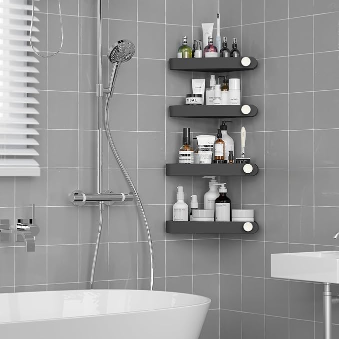 Sotfamily Shower Caddy Corner, 4 Pack Adhesive Corner Shower Shelves for Bathroom Organizers and Storage, Rust Free Plastic Rack for Bathroom Accessories & Decor, Black