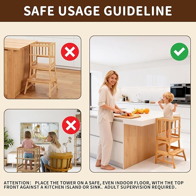 COSYLAND Kids Kitchen Step Stool, Toddler Standing Tower with CPC Certification, Removable Anti-Drop Railing Unique Patented Design A Anti-tip Stable Structure 1.5-3 Years Black Walnut Color