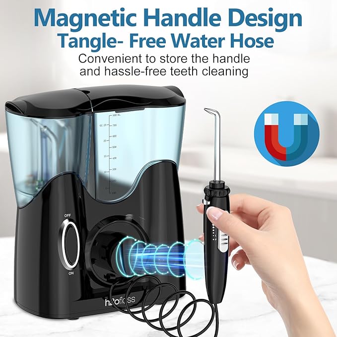 H2ofloss Water Flosser for Teeth, Braces, Professional Water Teeth Cleaner with 800ML Water Tank and 5 Settings, 13 Multifunctional Nozzles and Hygienic Nozzles Storage Compartment for Family (Black)