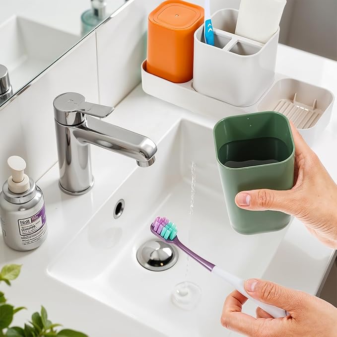 Toothbrush Holder for Bathroom, Bathroom Organizer Storage Set with 2 Cups, Kids Electric Toothbrush Holder, Bathroom Accessories Storage for Toothpaste
