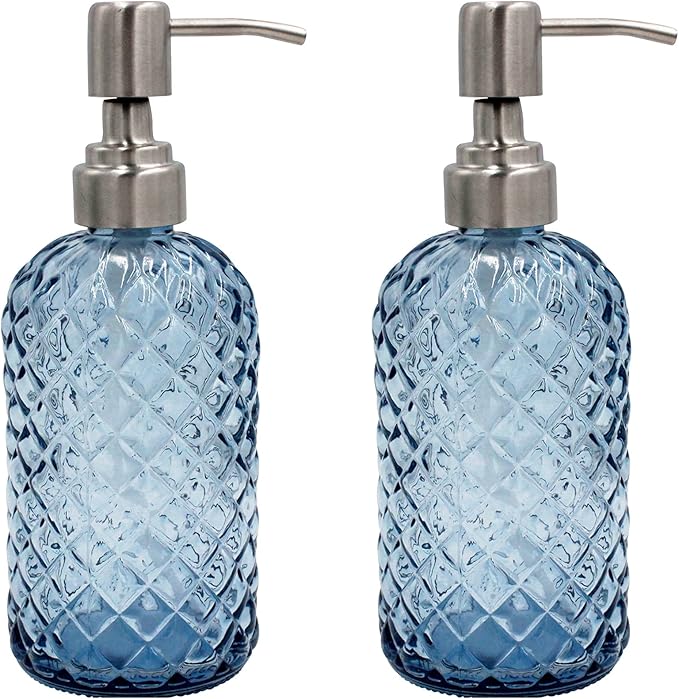 16 oz Diamond Pattern Glass Soap Dispenser, Kitchen and Bathroom Refillable Soap Dispenser with Rust Resistant Stainless Steel Pump for Hand Soap, Lotion Glass Liquid Dispenser(Blue - 2 Pack)