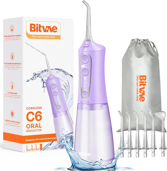 Bitvae Water Dental Flosser Teeth Pick, Cordless Flosser for Travel with 6 Jet Tips, 3 Modes 5 intensities, IPX7 Waterproof Portable & Rechargeable Oral Irrigator Cleaner, Purple