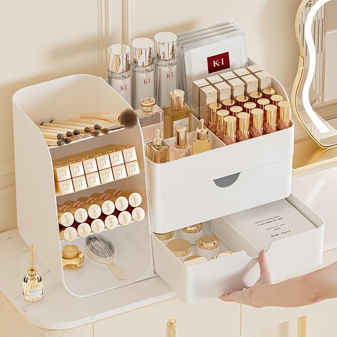 Makeup Organizer with Brush Holder for Vanity,Countertop Makeup Organizer with Drawers,Spacious Cosmetic Display Case,Perfect Storage Solution for Your Beauty Essential (All Cream, Large)