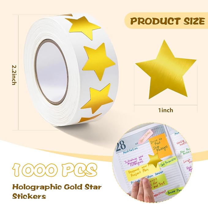 1000 PCS Star Stickers for Kids,1 inch Holographic Star Stickers for DIY, Crafts, Behavior Chart, Student Planner, School and Classroom Teacher Supplies (Gold-Stamped Star)
