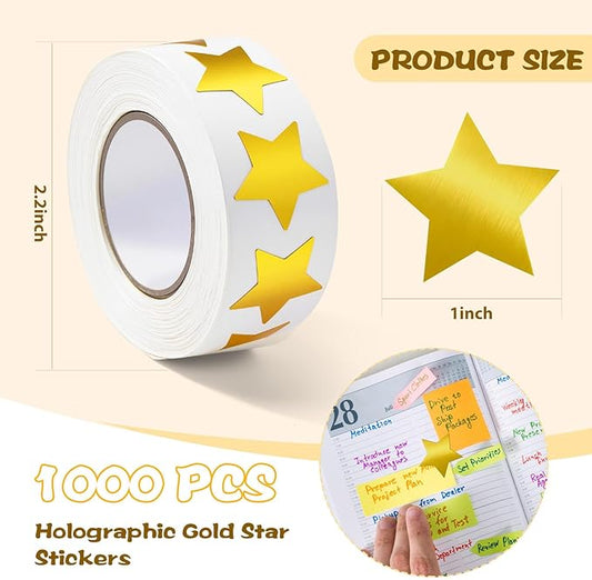 1000 PCS Star Stickers for Kids,1 inch Holographic Star Stickers for DIY, Crafts, Behavior Chart, Student Planner, School and Classroom Teacher Supplies (Gold-Stamped Star)