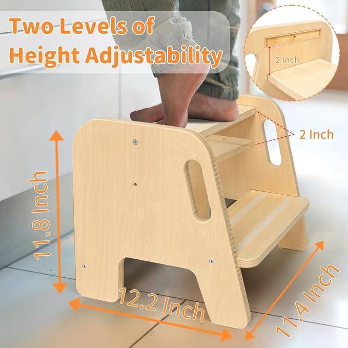 Step Stool for Toddler Kids Wooden – Height Adjustable 2-Step Ladder with Handles – Bathroom Sink Kitchen Bedroom Potty Training – Non-Slip Safety Design for Children 18 Months+