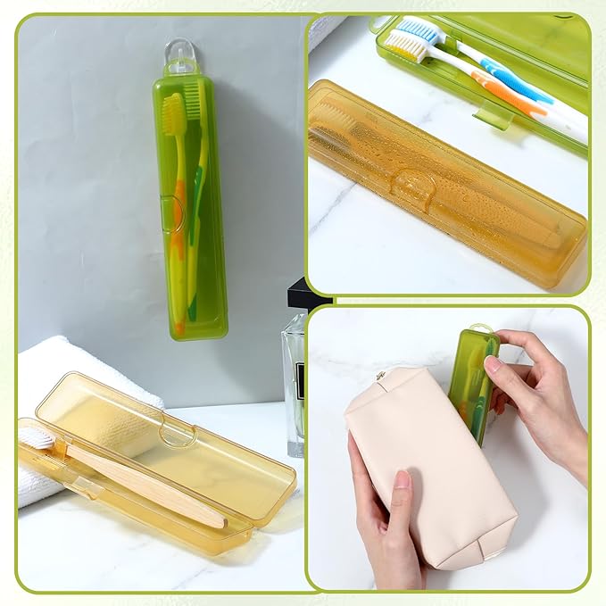 2 Pack Toothbrush Holders Travel Case,Toothbrush Holders for Travel 7.9 x 1.8 x 1.1 In,Portable Plastic Toothbrushes Travels Holder with Secure Seal, Yellow & Green