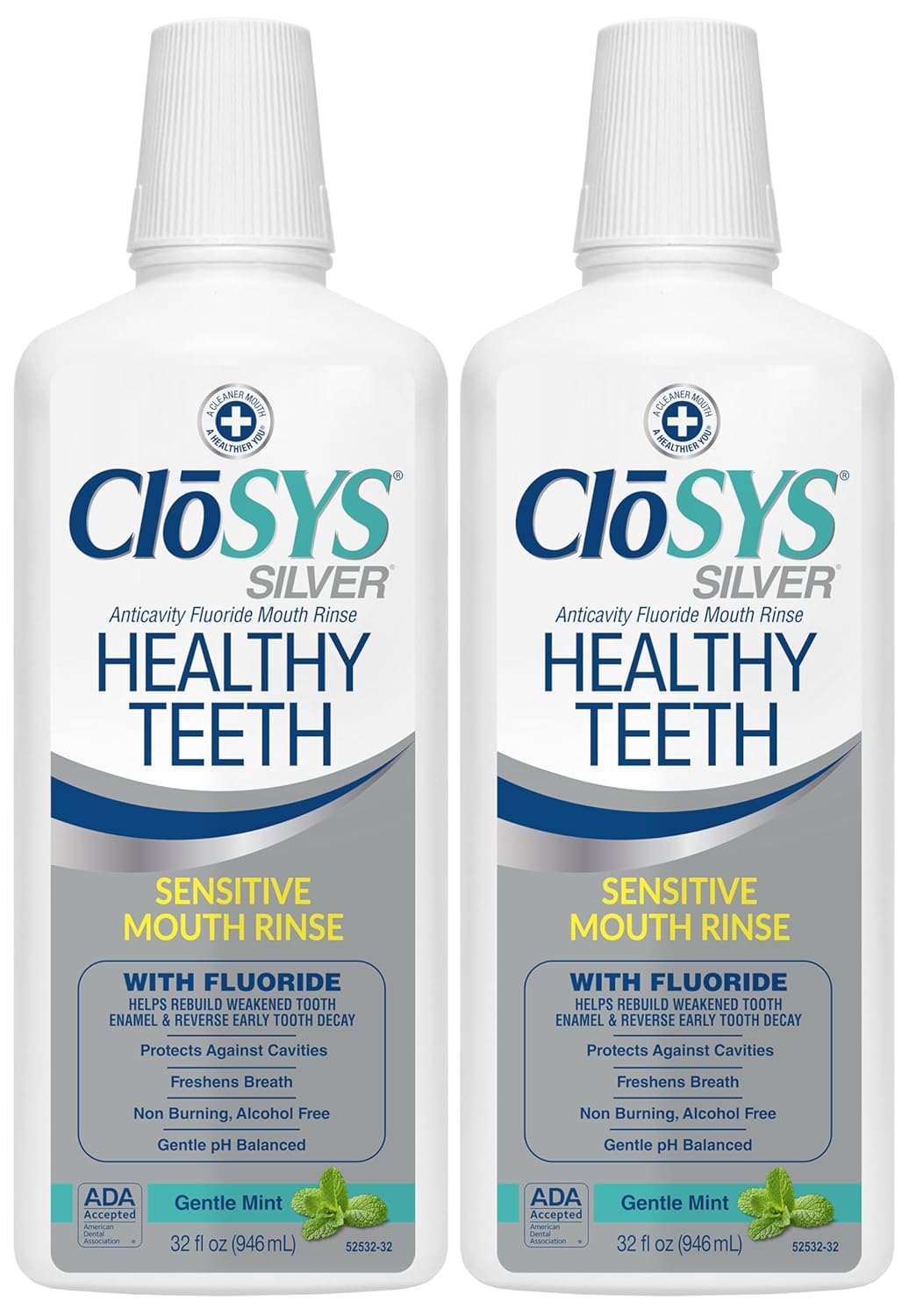 Closys Healthy Teeth Anti-Cavity Oral Rinse Mouthwash with Fluoride, Non-Burning, Non-Irritating – 32 Fl Oz (Twin Pack)