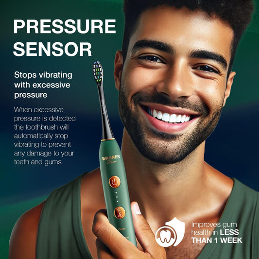 Wagner Stern WHITEN+ Edition. Whitening Electric Toothbrush with Pressure Sensor. Offers 5 Brushing Modes, 3 intensities, 8 Soft Brush Heads, and a Luxury Travel case.