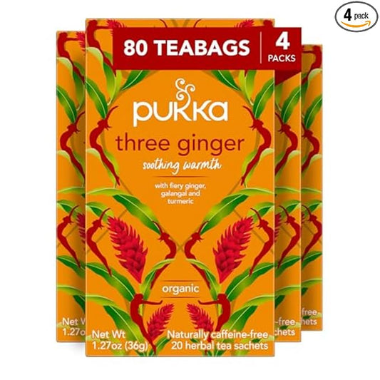 Pukka Three Ginger Organic Herbal Tea, Digestion-Aiding Infusion With Ginger, Turmeric, and Galangal, Tea Gift Set Ideal After Meals, Caffeine Free, 80 Total Bags (20ct - Pack of 4)