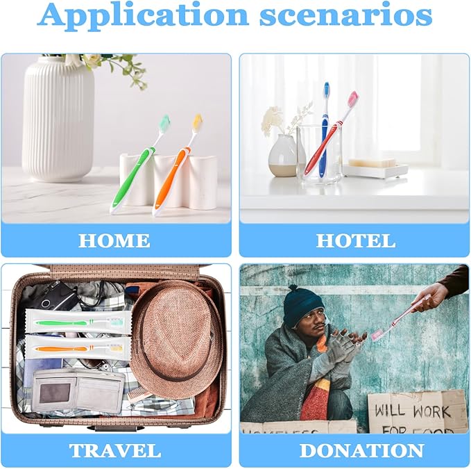 100 Pack Bulk Toothbrush Package with Covers Premium Quality Individually Wrapped Tooth Brushes, Soft Bristle Toothbrushes for Adults & kids, Hygienic Cap for Donations, Travel, Hotels, Homeless