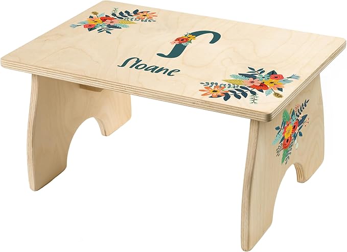 Floral Step Stool for Toddlers- Personalized Wood Kids Step Stool with Name for Kitchen Sink, Bathroom, Potty Training, Kitchen Sink- Sturdy and Safe- Made in USA by BloomOwl (Floral- Botanical)