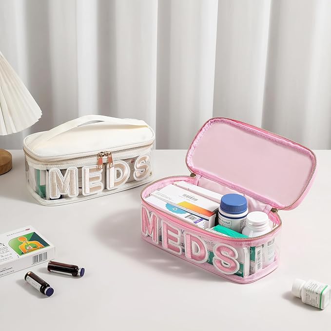 Clear Waterproof MEDS RX Makeup Bag，Transparent PVC Letter Patch medication travel case with Handle and Zipper, Portable Meds First Aid Travel Organizer Cosmetic Bag(02 Beige MEDS)