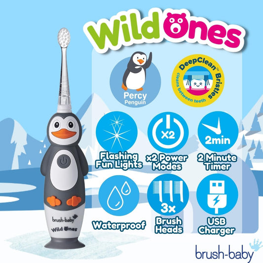 brush-baby WildOnes Kids Electric Rechargeable Toothbrush Penguin, 1 Handle, 3 Brush Heads, USB Charging Cable, for Ages 0-10 (Penguin)
