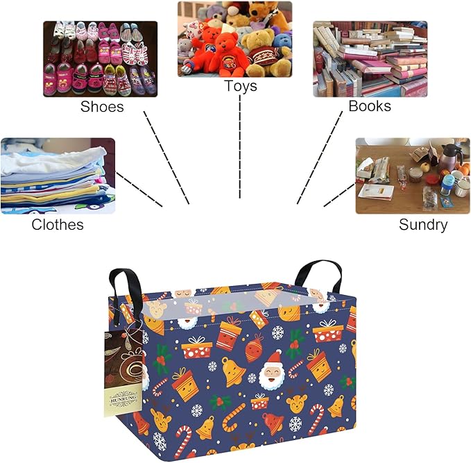HUNRUNG Rectangle Storage Basket Cute Canvas Organizer Bin for Pet/Children Toys, Books, Clothes Perfect for Rooms/Playroom(REC-Blue Christmas Bell)