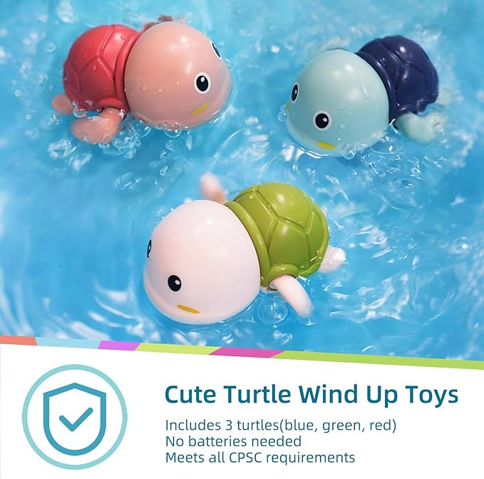LiKee Bath Toys 3 Pack with 3 Colors | Cute Swimming Turtles Wind Up Toys for Baby Toddlers 1+ Years Old | Floating Bath & Pool Toys for Kids Age 1-3-5 | Baby Shower & Birthday Gift (Boys Girls)