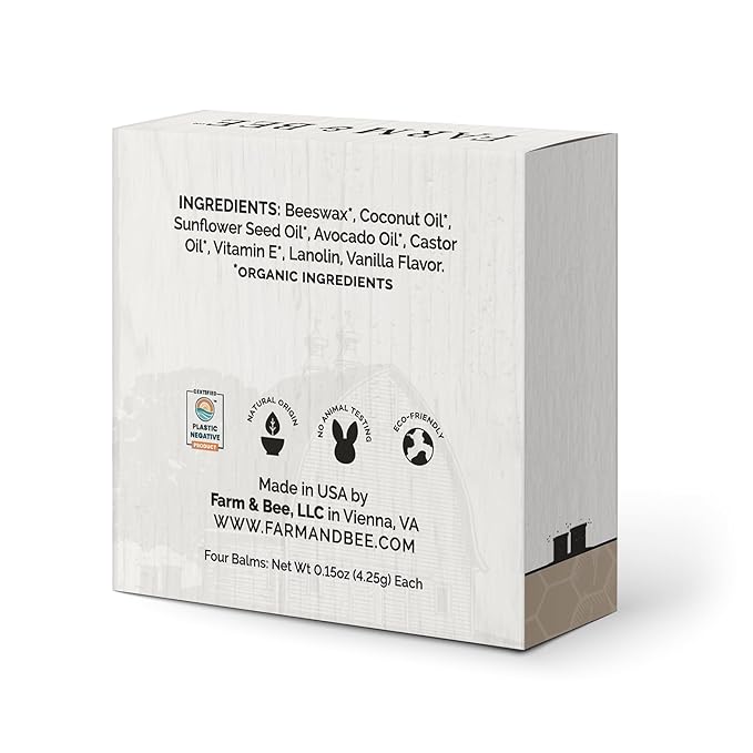 Natural Lip Balm - Organic & Natural Ingredients - Beeswax Based Moisturizing Lip Care Chapstick for Chapped Lips - Great Gift Idea - Farm & Bee - 0.15oz (Pack of 4 - Vanilla Bean)